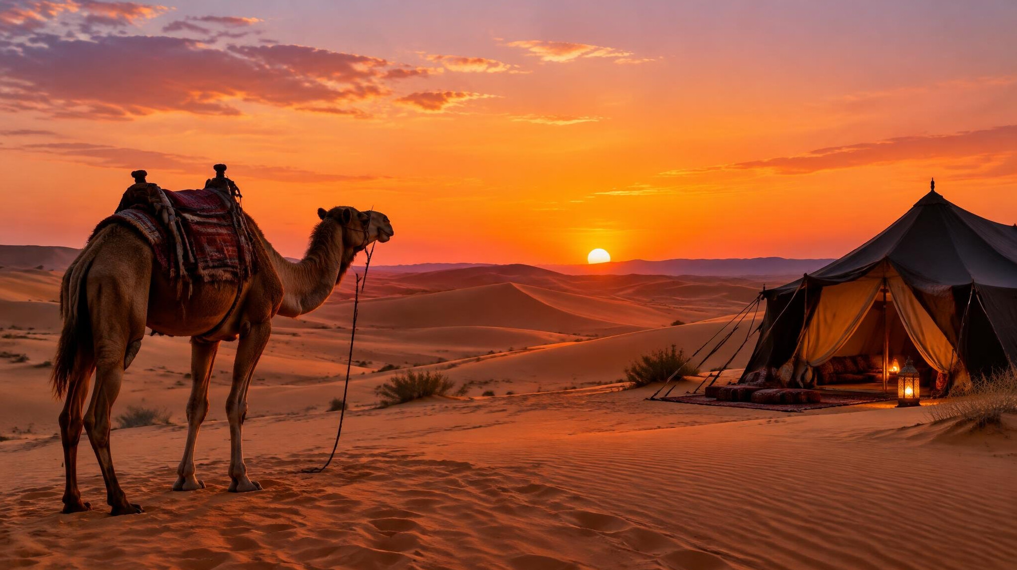 camel in desert at dusk