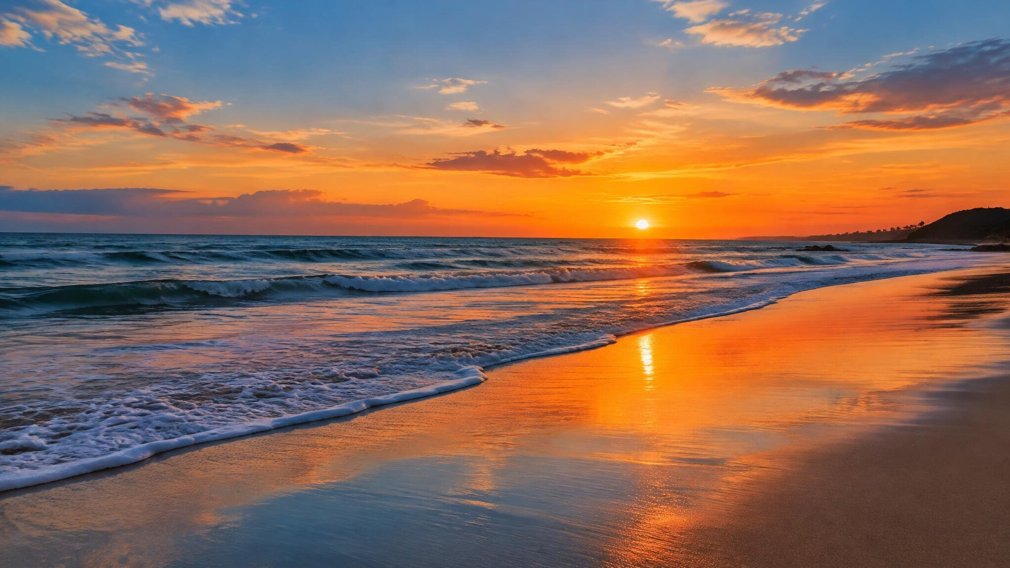 Beach at sunset with soft waves and warm sky