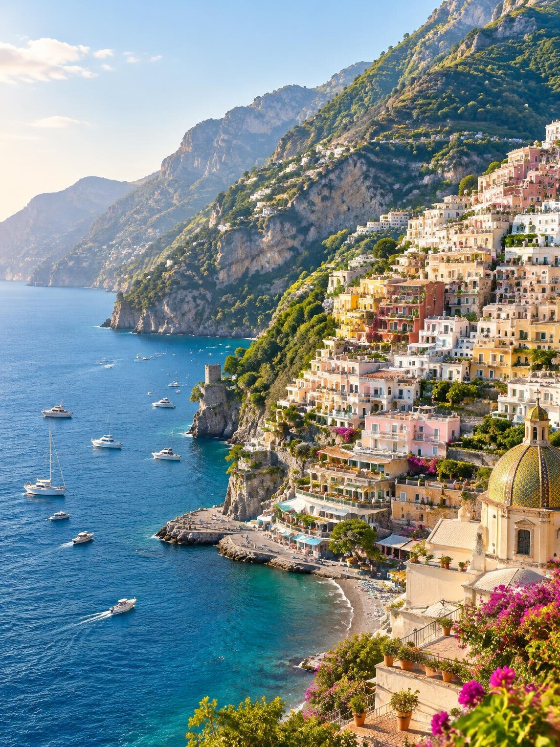 Colorful cliffside town on the Amalfi Coast above the sea