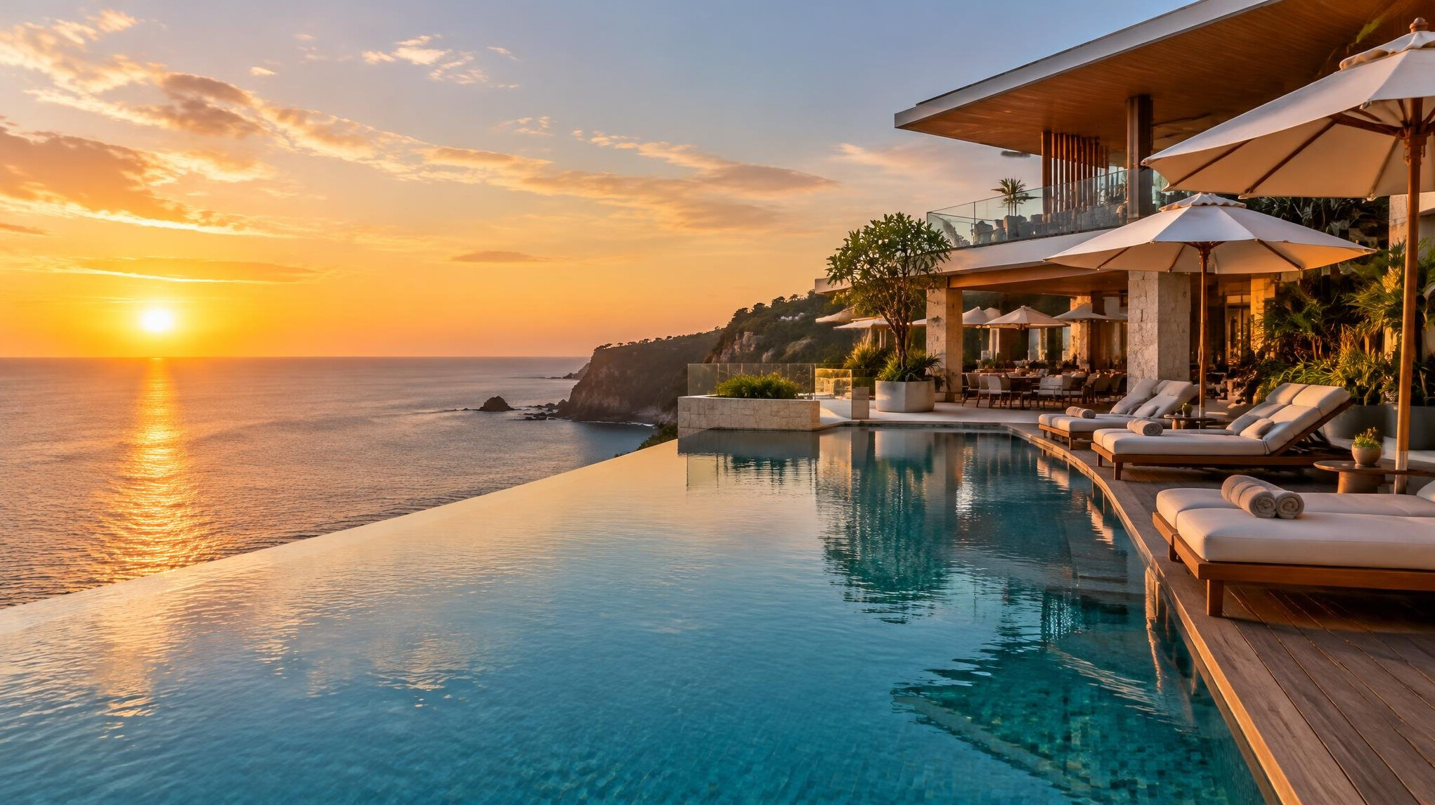 Seaside resort hotel with swimming pool and sea view