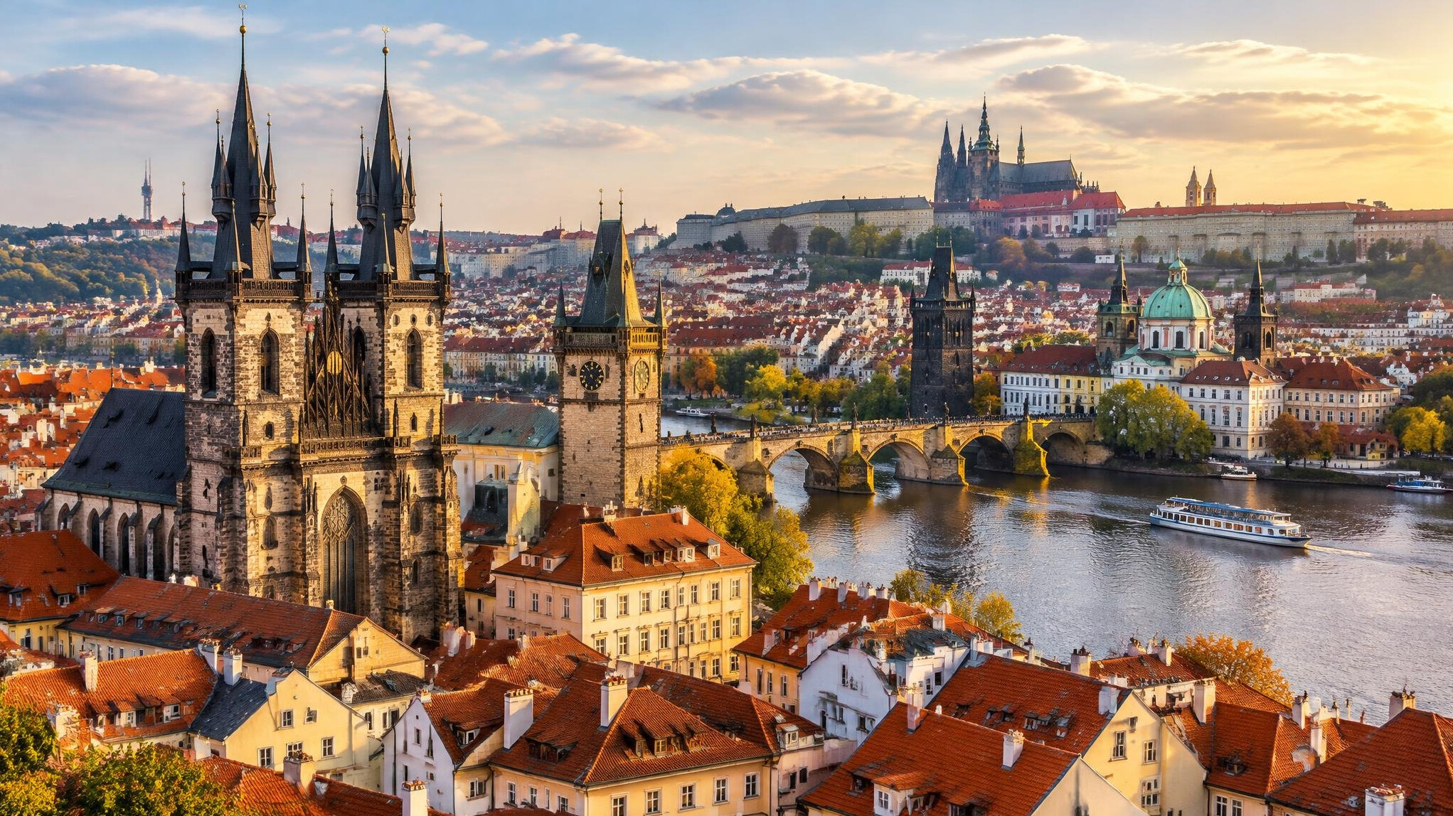 Prague old town rooftops and towers from above