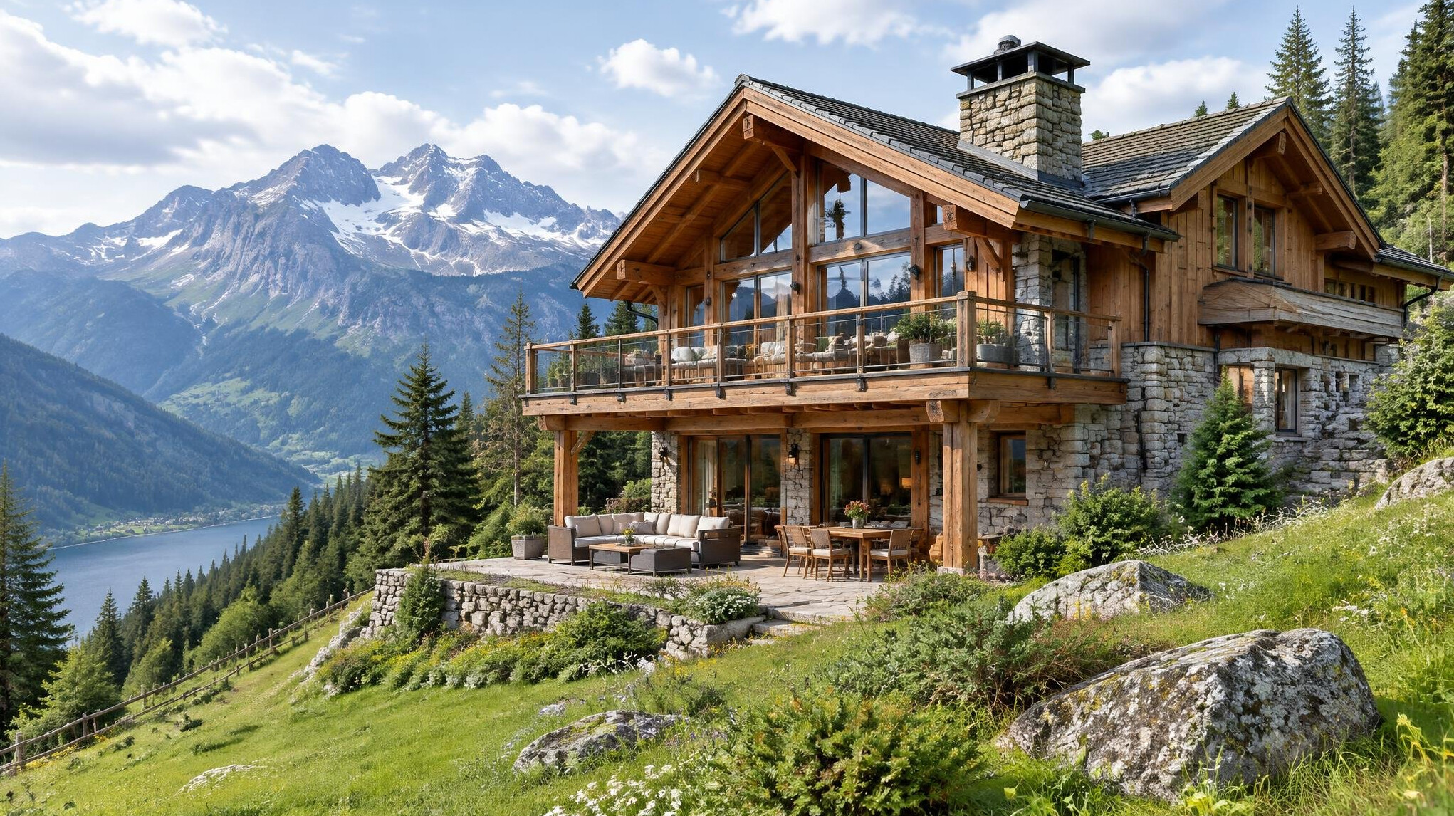 Elegant mountain lodge surrounded by green hills