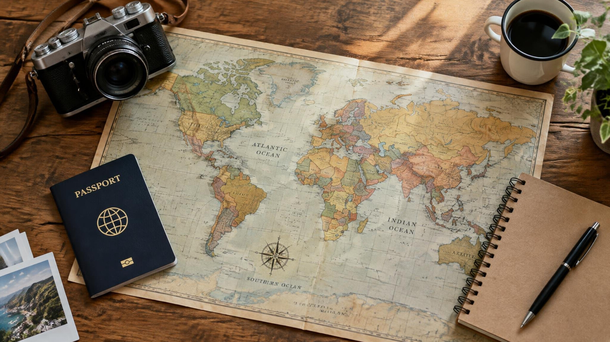 Travel map, passport and camera on a table