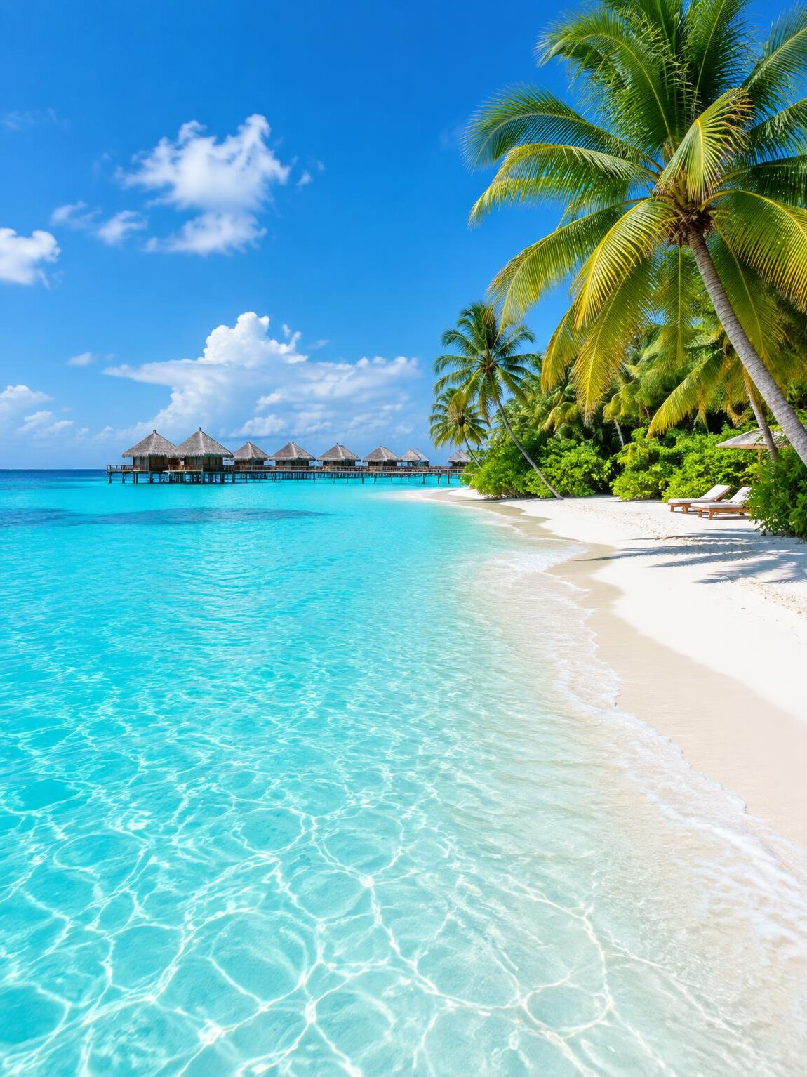 Tropical beach with clear blue water and palm trees