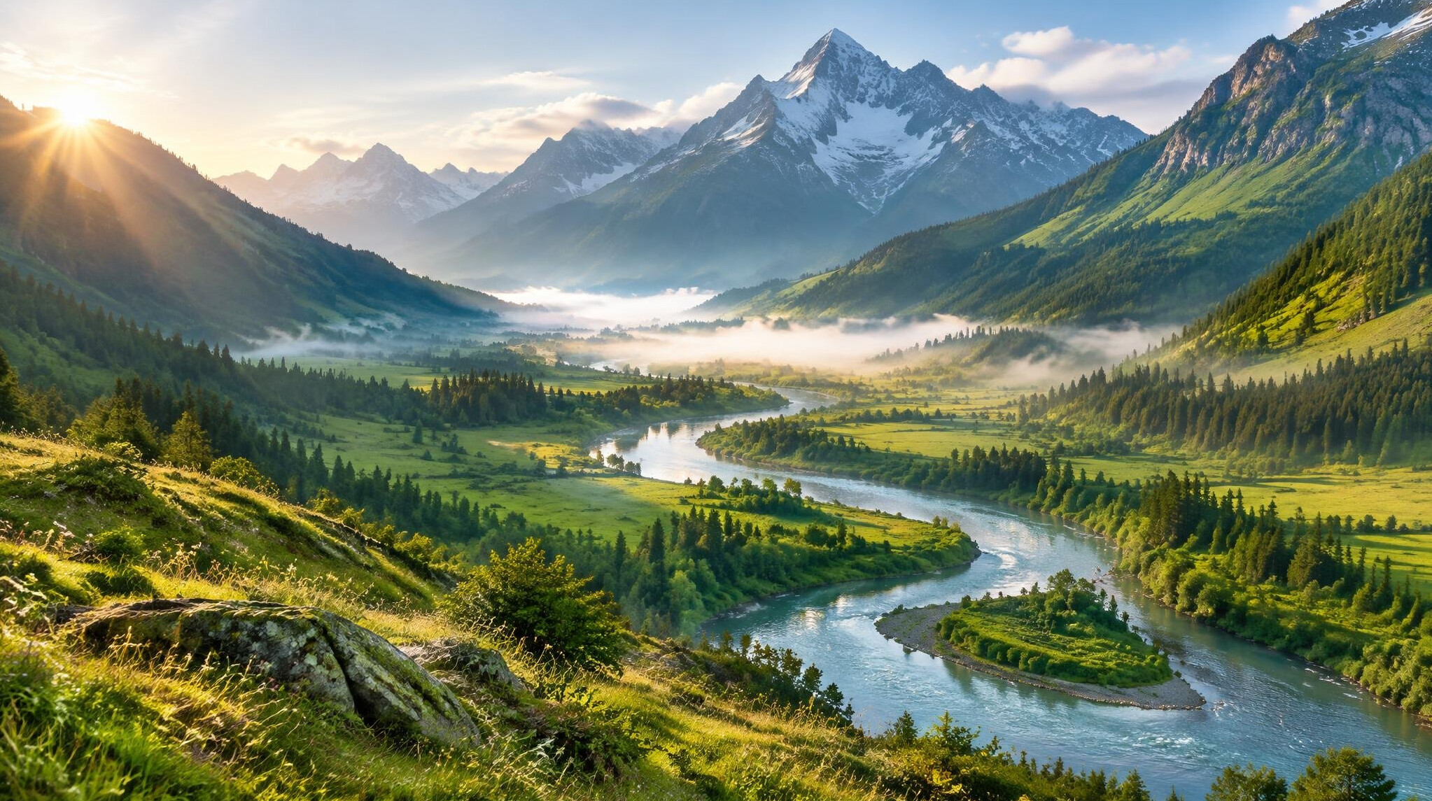 Sunlit mountain valley with a river and green trees