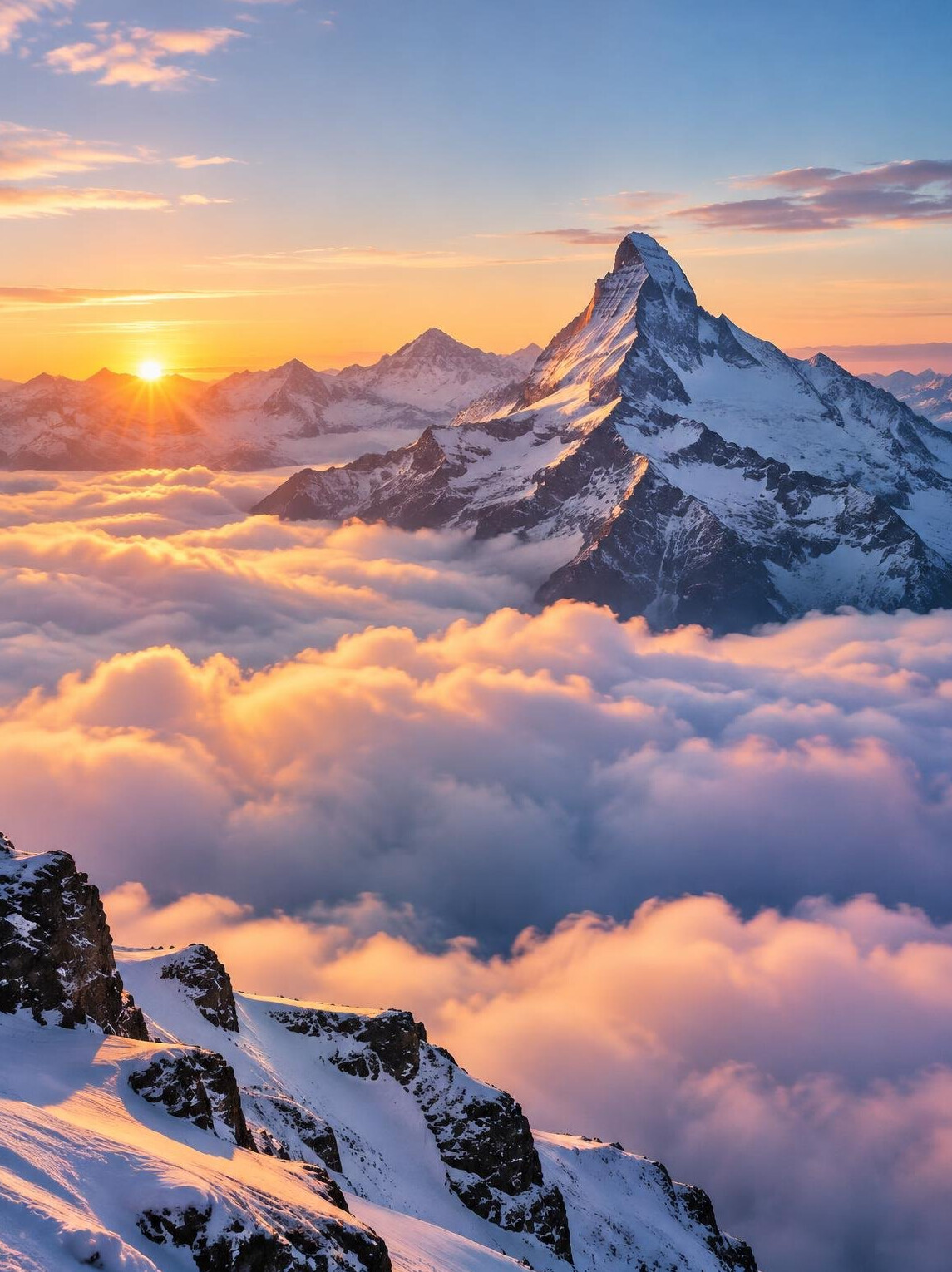 Snow-capped Alps above clouds at sunrise