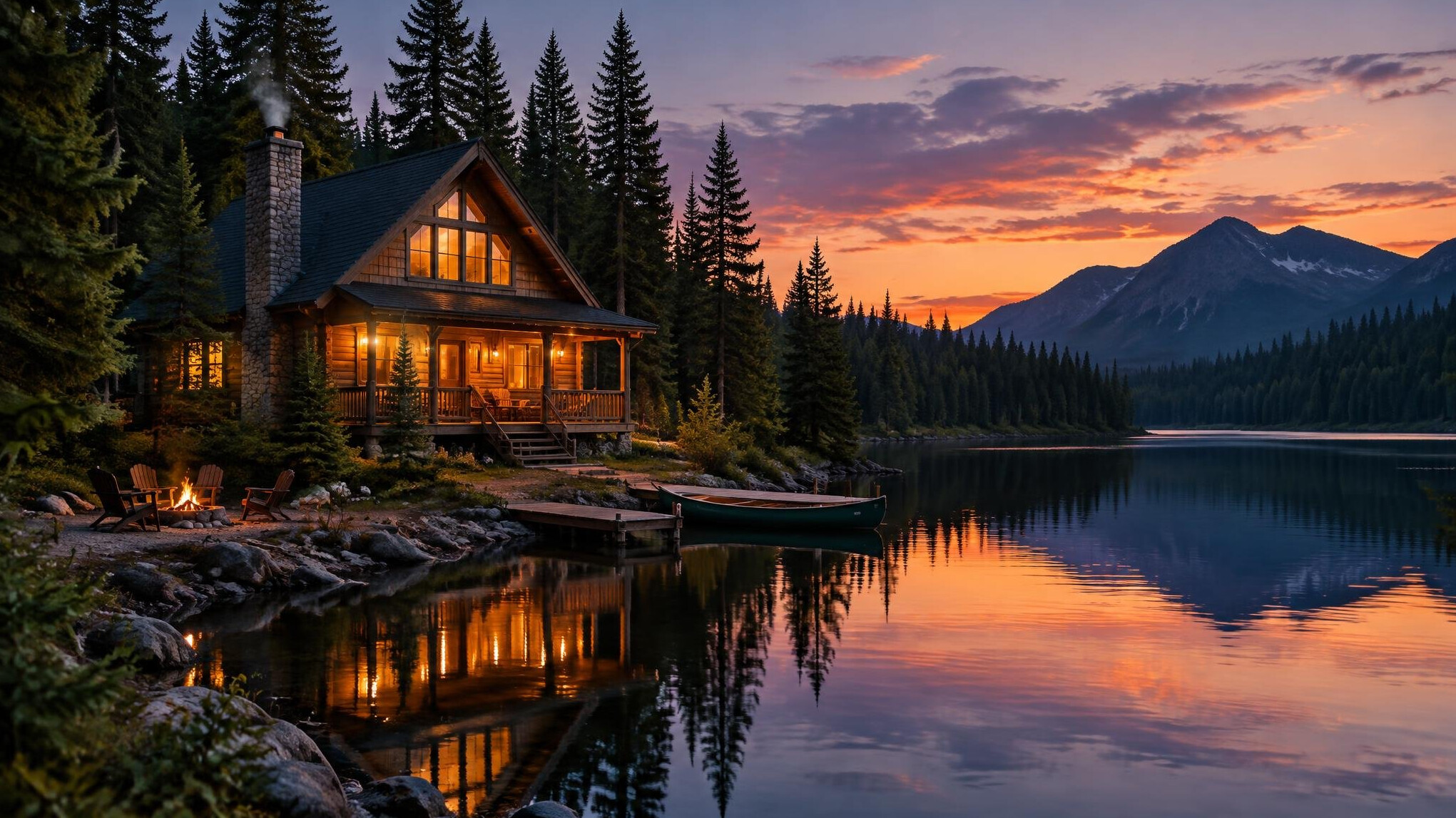 Wooden cabin by a lake in the forest